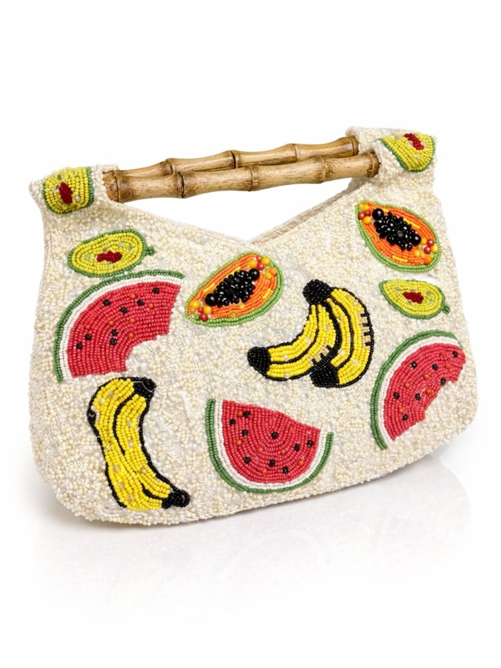 Vintage Beaded Fruit Handbag Bamboo Handle Tropical Statement Bag
